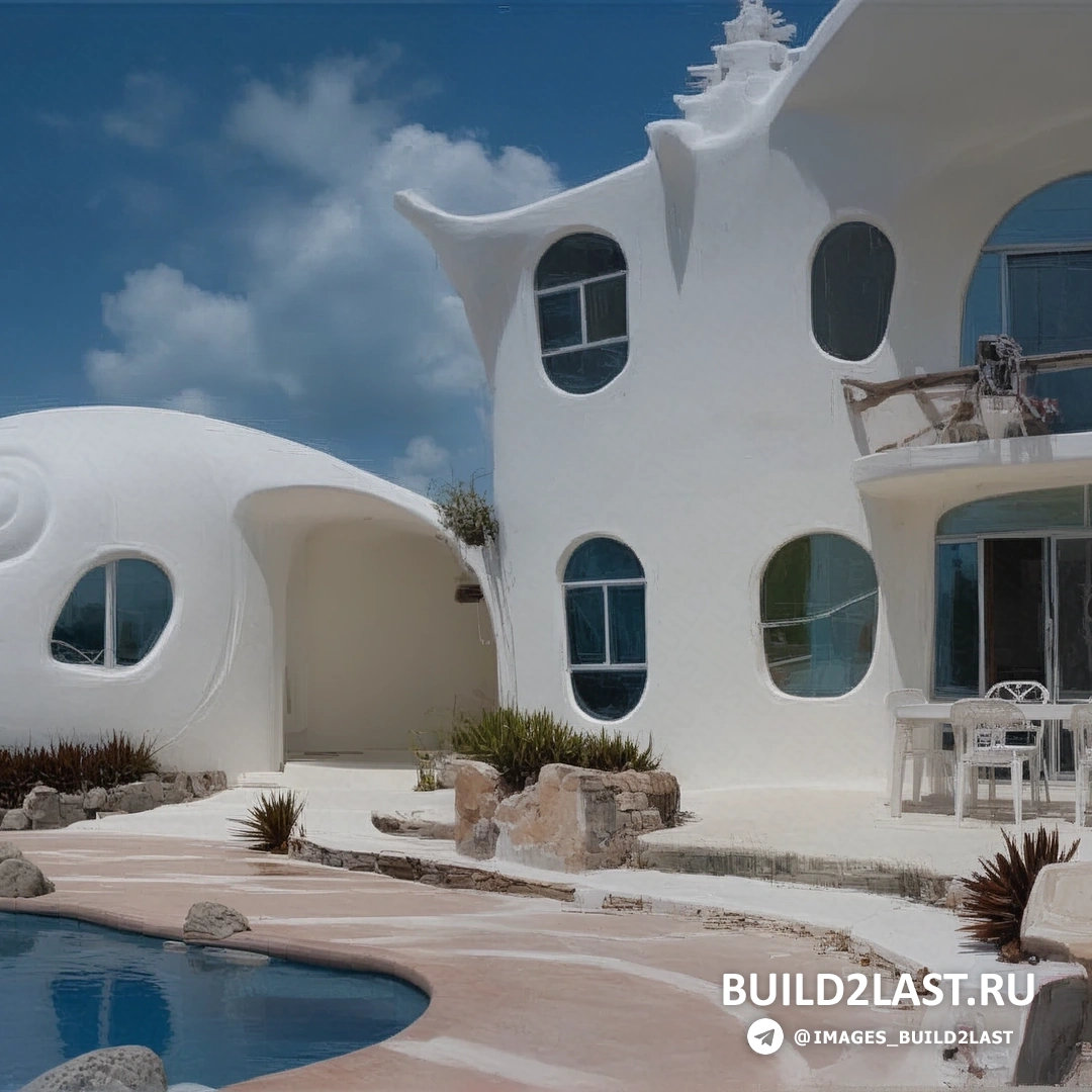 Фасад с окнами и бассейном, в белом цвете и морском стиле, в Мексике