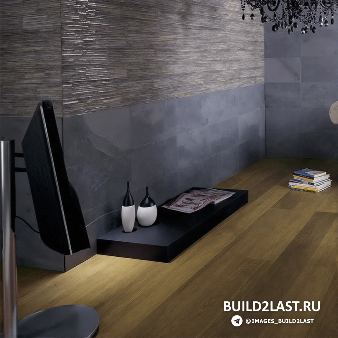 Гостиная с виниловыми полами, черными обоями и торшерами
