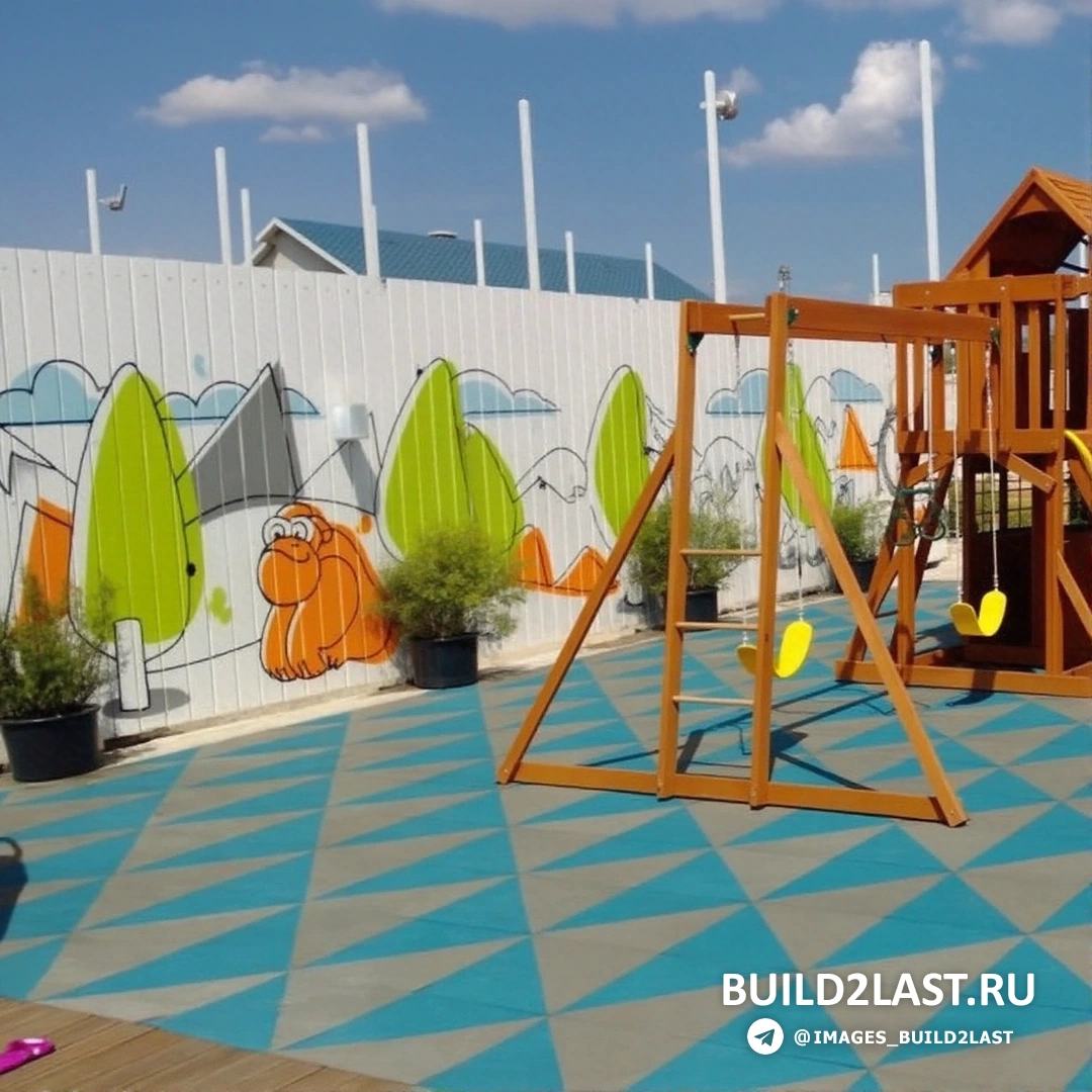 Иллюстрация с тротуарной плиткой на детской игровой площадке в светлых и темных оттенках, включая белый, синий, серый и элементы светлого дерева