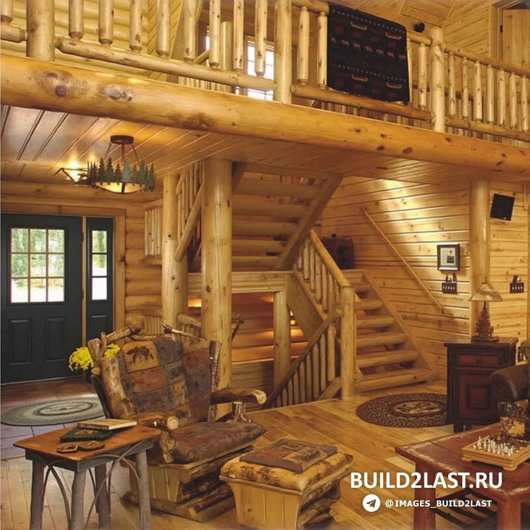 Резной декор и светлое дерево в интерьере бревенчатого дома