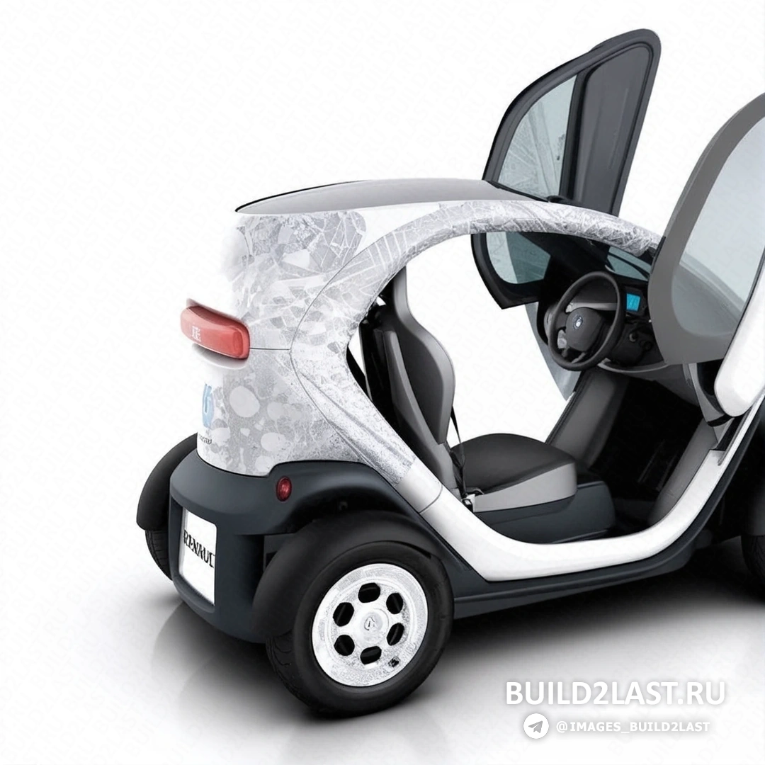 Вид на бело-черный автомобиль Renault Twizy с пластиковыми деталями.