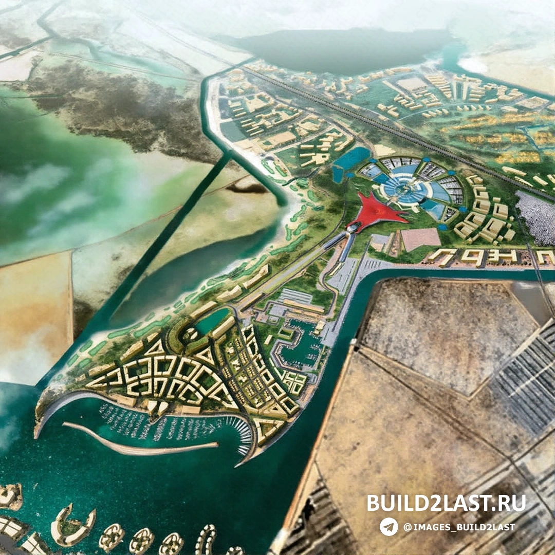 Вид на экстремальные аттракционы и элементы парка Ferrari World в Абу-Даби